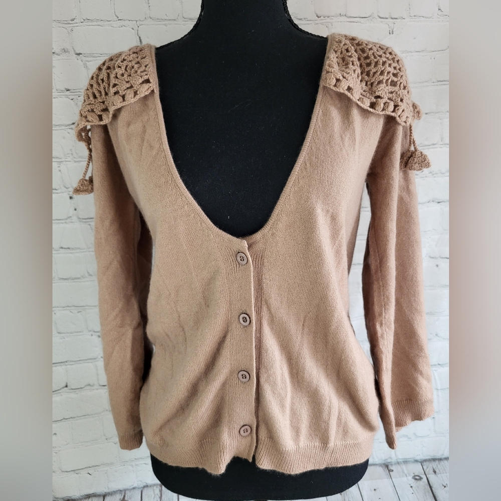 Ryan Roche Cashmere Crochet Collared Cardigan Sweater OS
